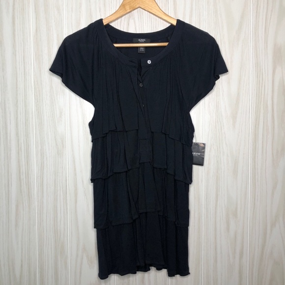 Alfani Layered Ruffle Black Blouse size petite Lg - Picture 1 of 2